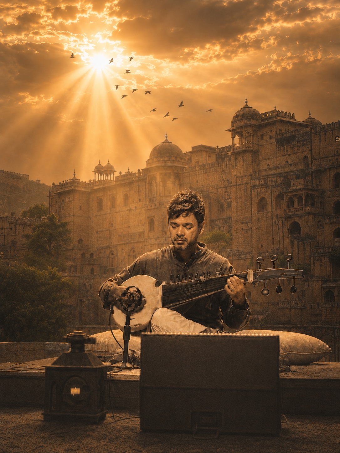Arnab Chakrabarty with his sarod on a palace terrace, printed in sepia.