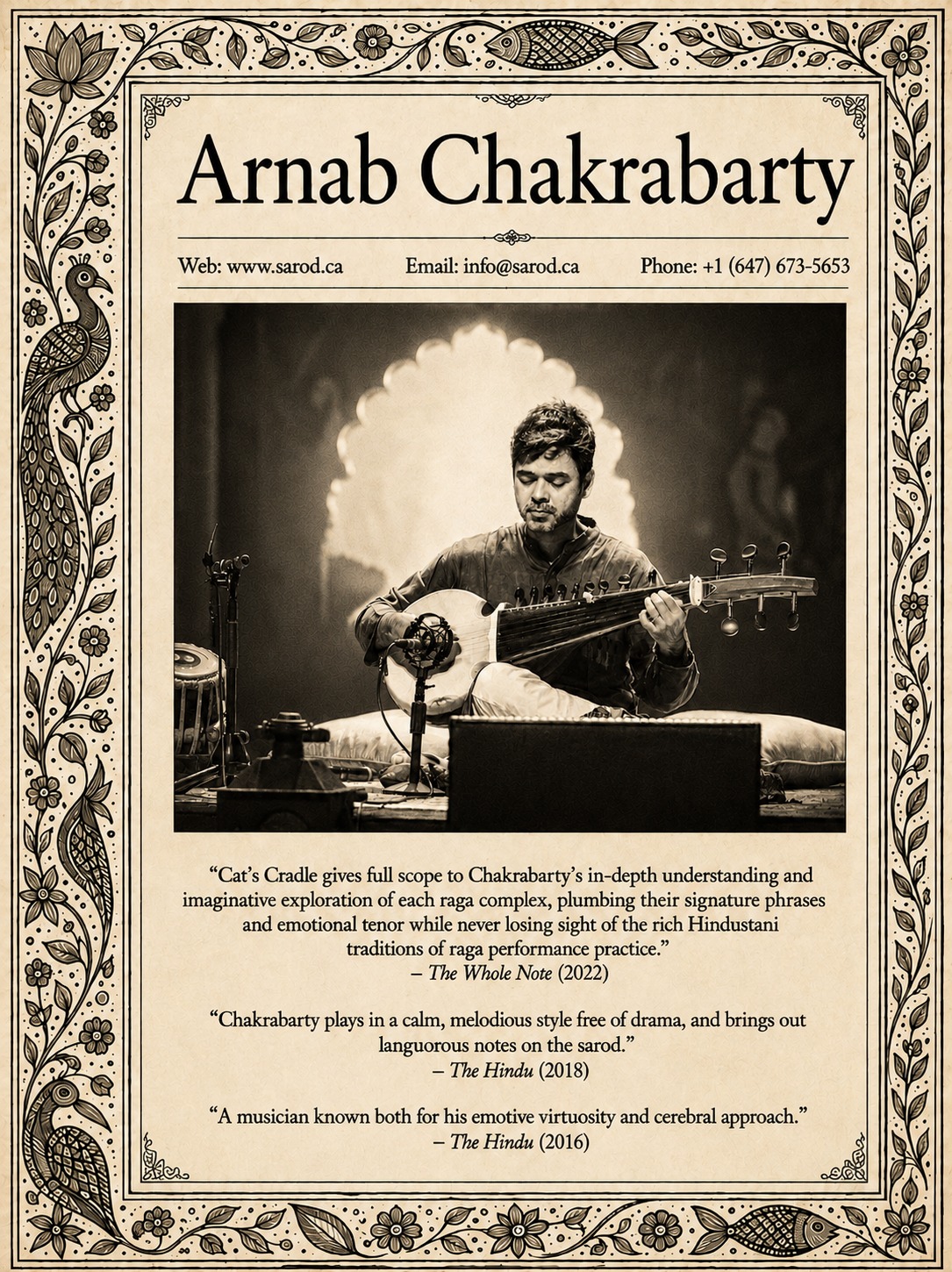 Concert poster framed by a hand-painted Mithila border, with quotations about Arnab Chakrabarty’s playing.