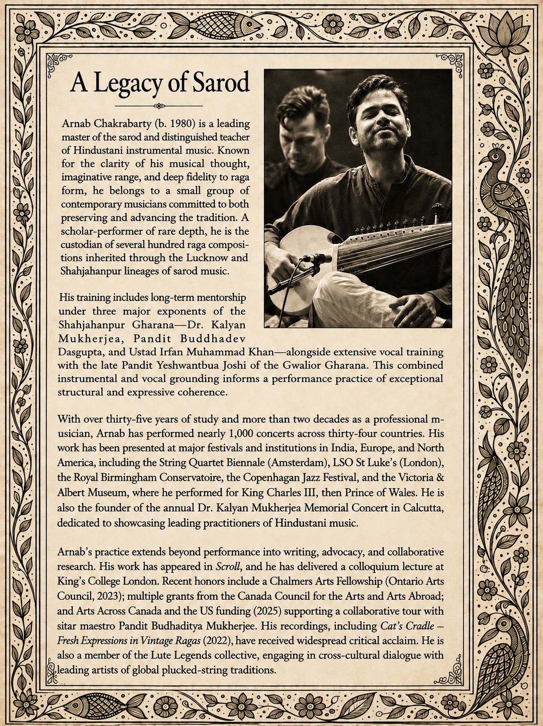 Poster titled “A Legacy of Sarod” carrying a biographical note on Arnab Chakrabarty.